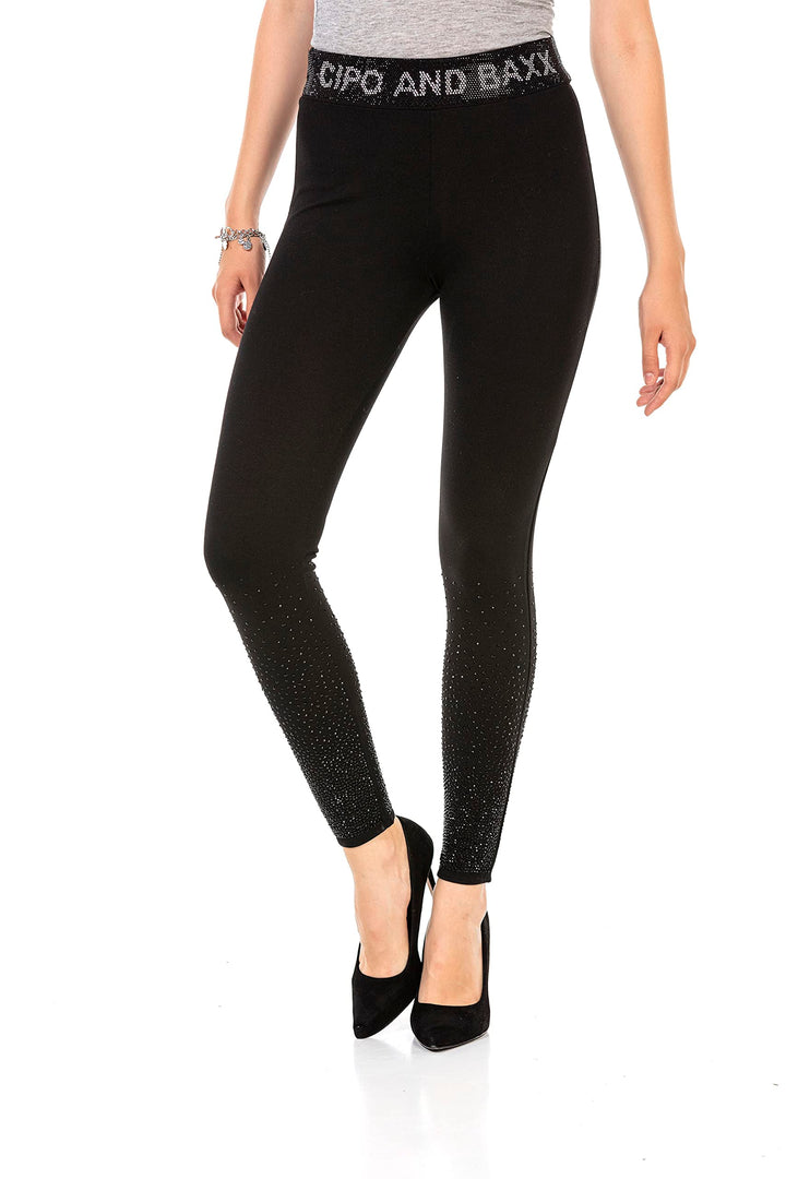 Cipo & Baxx Damen Leggings Tights Logobund Strasssteine Bequem Eng Lang Pants WR141 Schwarz S