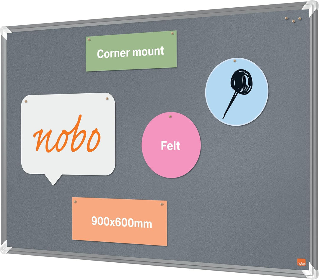 Nobo Filz-Notiztafel, 60 x 90 cm, Aluminiumrahmen, Traditionelle Eckmontage, Premium Plus, Grau, 191
