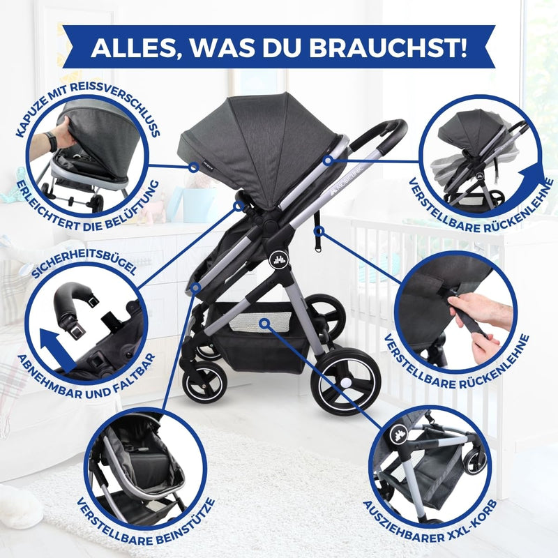 Mobiclinic® Kids, Kinderwagen + Babywanne, 2 in 1, Nuit, ultrakompakt, 5-Punkt-Gurtsystem, 22 kg, Ei