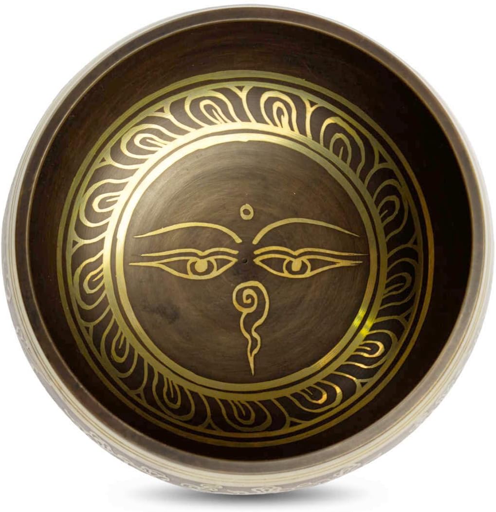 Klangschalen-Set Bauchige Klangschale 'Buddha Eye' mit Lederklöppel und Kissen