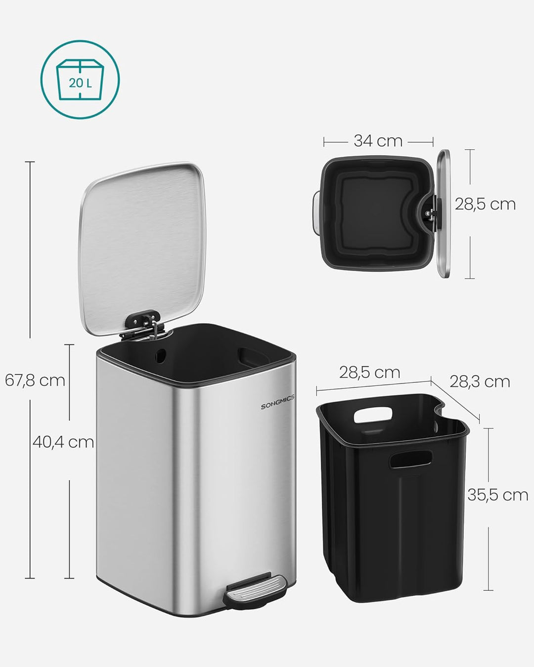 SONGMICS Mülleimer Küche, 20 Liter Abfalleimer, Tretmülleimer, Stahl, mit Inneneimer, Softclose, Off