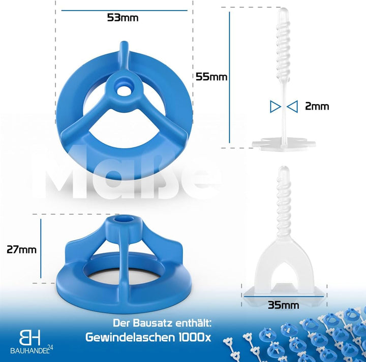 Bauhandel24 - Fliesenverlegehilfe 2mm, 1000 Gewindelaschen, Nivelliersystem, Verlegehilfe, Zuglasche