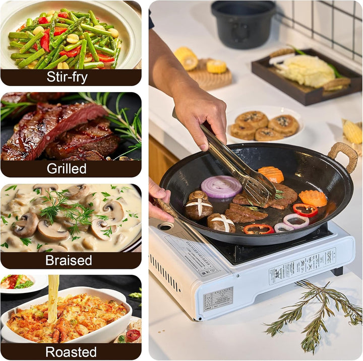 WANGYUANJI Gusseisenpfanne 36 cm – Grosse Grillpfanne mit zwei Griffen, Für Gas-, Elektro- & Indukti
