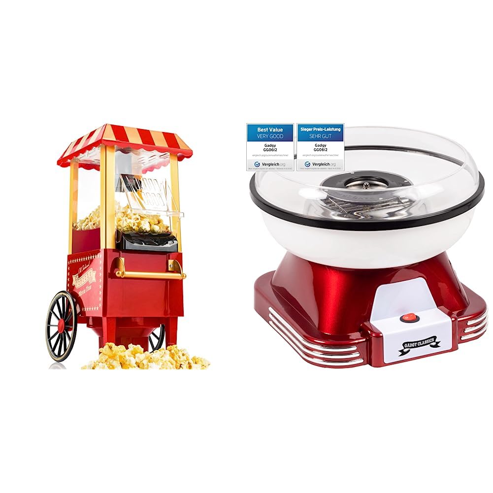 Gadgy Popcorn Maschine | Retro Popcorn Maker | Heissluft Ohne Fett Fettfrei Ölfrei & Zuckerwattemasc