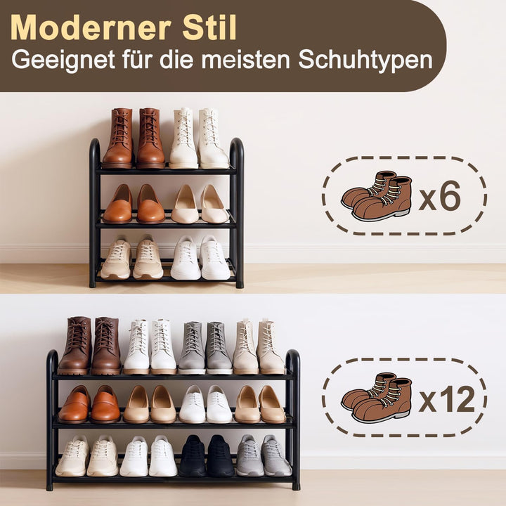 Schuhregal Schmal Platzsparend Ausziehbar 3 Ebenen, Schuhschrank Metall Schwarz, Breite 43-78 cm, fü