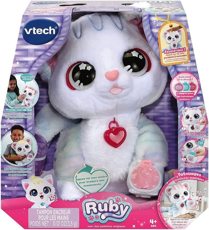 VTech - Ruby, Mon Chat Magische Pailletten, interaktives Plüschtier – Würfel 3 Jahre – Version FR