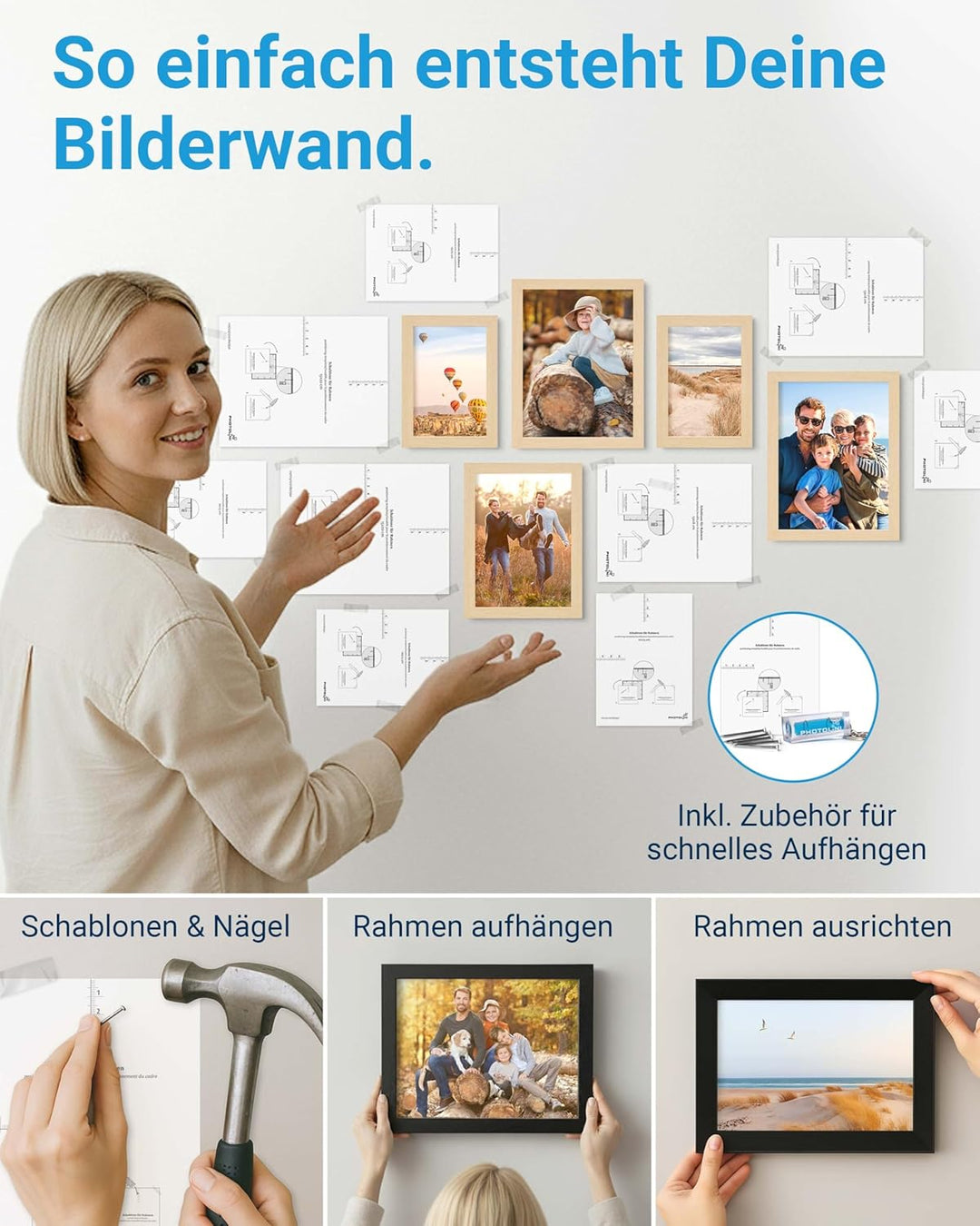 PHOTOLINI Bilderrahmen Set verschiedene Grössen, 14 Bilderrahmen Holz MDF Natur, Bilder Rahmen mit A