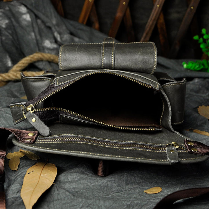 Le'aokuu Herren Echtes Leder Hüfttasche Gürteltasche Bauchtasche Reissverschluss Motorrad Messenger