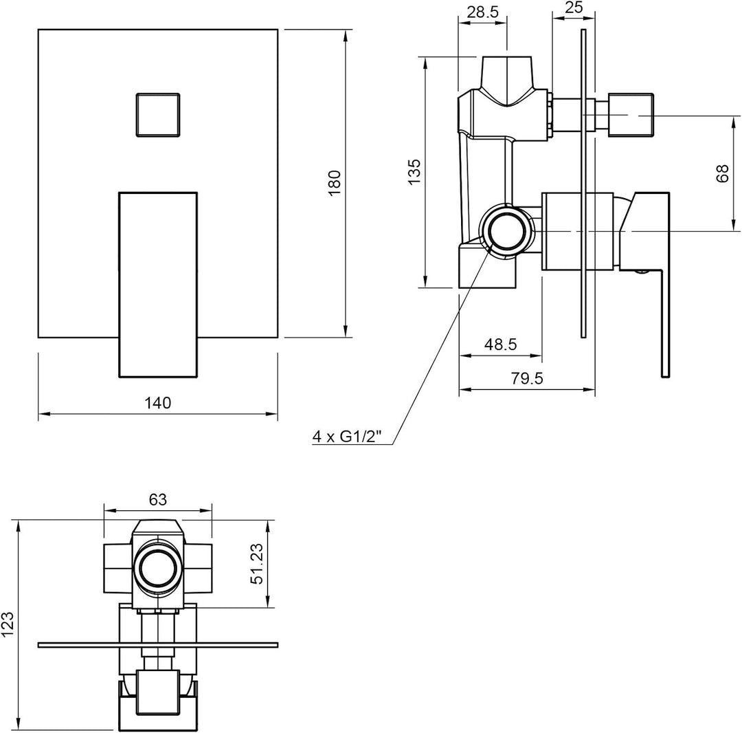PaulGurkes Unterputz Duscharmatur Wannenarmatur Brausebatterie eckig mit Umsteller