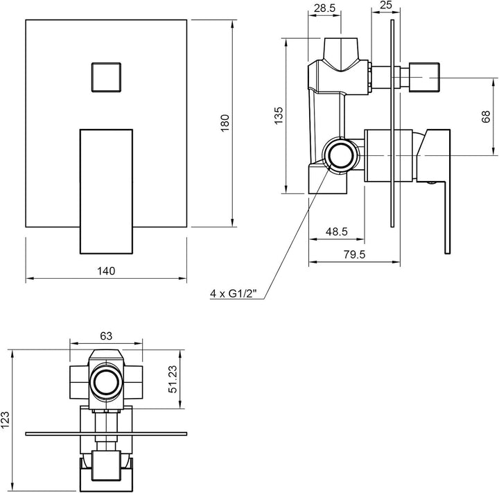 PaulGurkes Unterputz Duscharmatur Wannenarmatur Brausebatterie eckig mit Umsteller