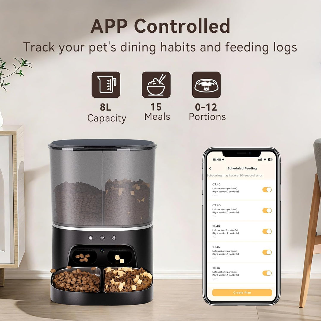 Futterautomat Katze, 2 Näpfe Katzenfutter automat mit APP, 7L Futterspender Katze, 5G WiFi Trockenfu
