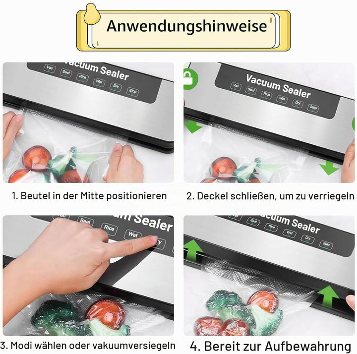 Vakuumiergerät 120W Profi, Automatischer Vakuumierer mit Doppelter Heisssiegelung, 4 Modi für Trocke