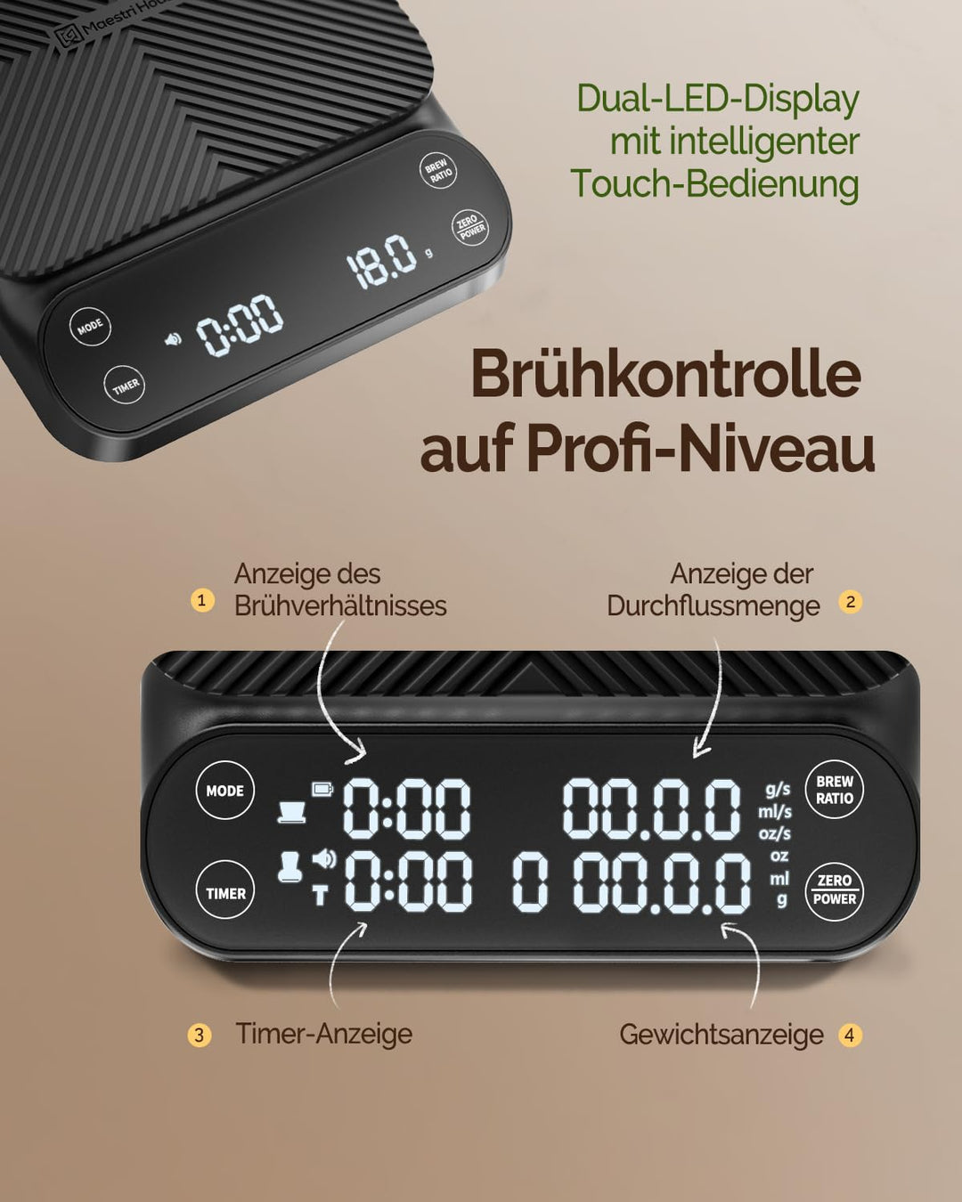 Maestri House S3 Kaffeewaage mit Timer, 3kg/0,1g Wiederaufladbar Digitale Espresso Waage, 3 Brühmodi
