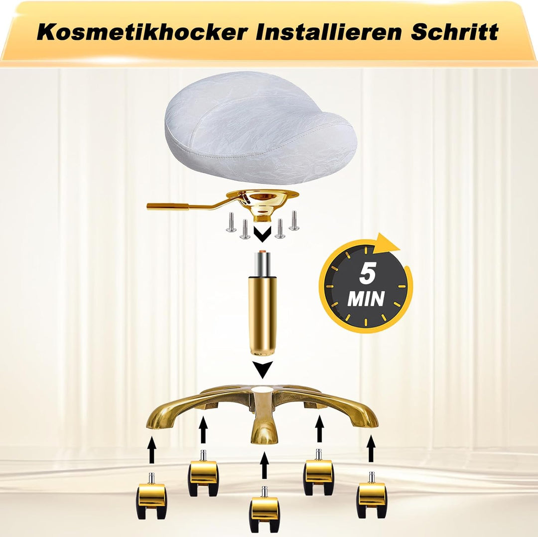 Gold Sattelhocker mit Rollen, Professionelle Rollhocker Höhenverstellbar, PU Leder Drehhocker, Salon