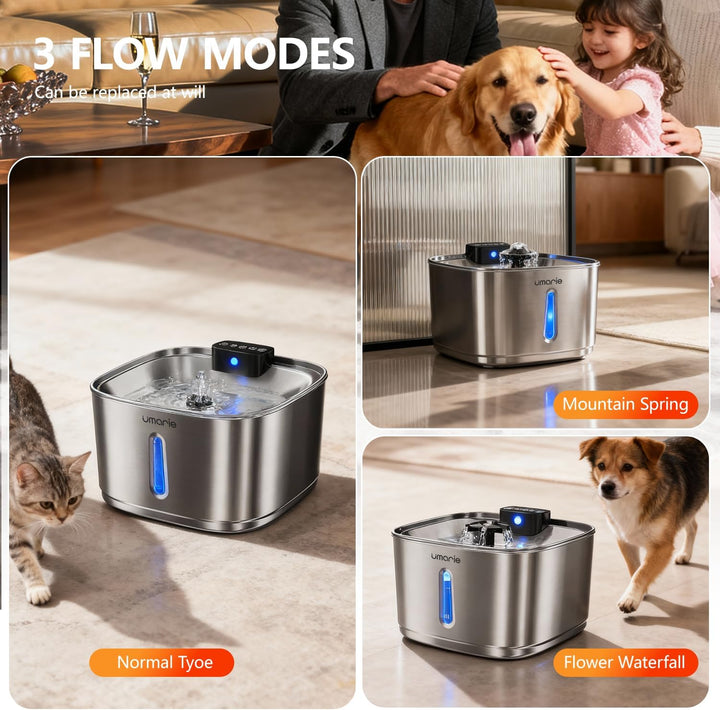 Katzenbrunnen Edelstahl Kabellos,7 Filters,mit Bewegungsmelder - 3,2L Leiser Trinkbrunnen für Katze