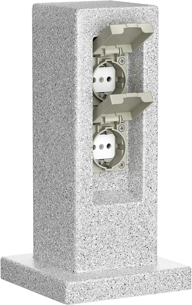 ledscom.de Garten Steckdosensäule POCK, Outdoor, IP44, 2-fach, grau (Stein-Optik), eckig, 30 cm, 3 S