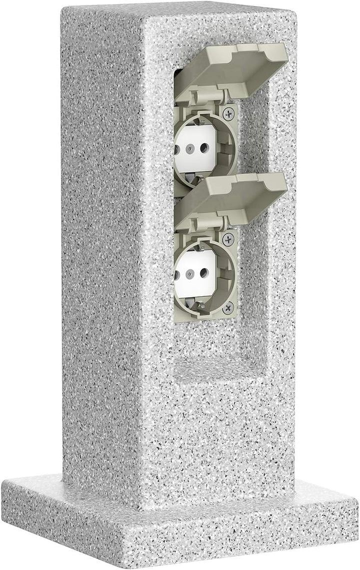ledscom.de Garten Steckdosensäule POCK, Outdoor, IP44, 2-fach, grau (Stein-Optik), eckig, 30 cm, 3 S