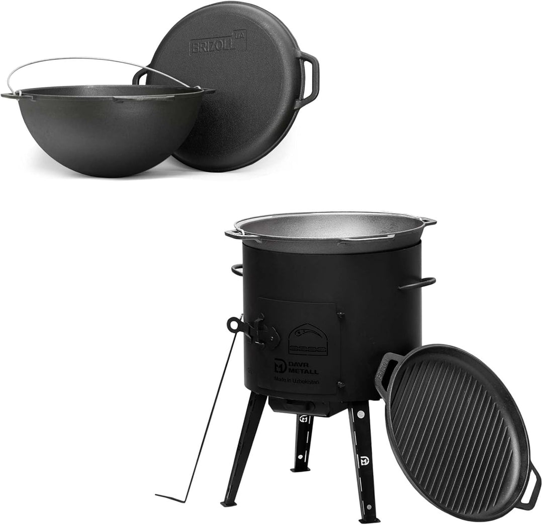 12L Kazan mit Ø40 Uchag Utschak Utschag 2mm stahl Kessel mit Deckel-Grillpfanne aus Gusseisen Kasan