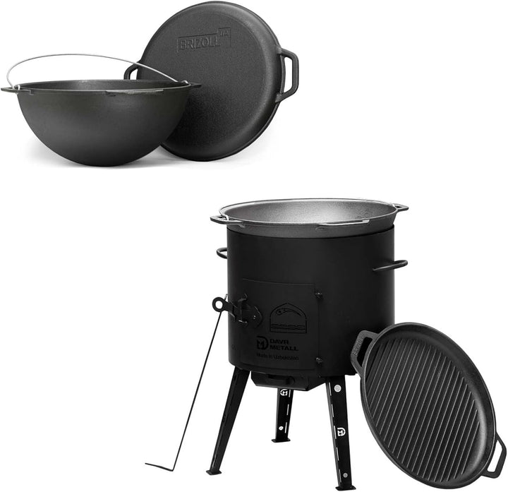 12L Kazan mit Ø40 Uchag Utschak Utschag 2mm stahl Kessel mit Deckel-Grillpfanne aus Gusseisen Kasan