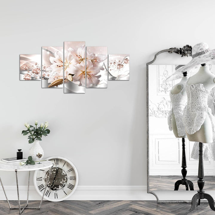 Runa Art Wandbilder Blumen Lilien 5 Teilig Bild auf Vlies Leinwand Deko Wohnzimmer Diamant Beige Gra