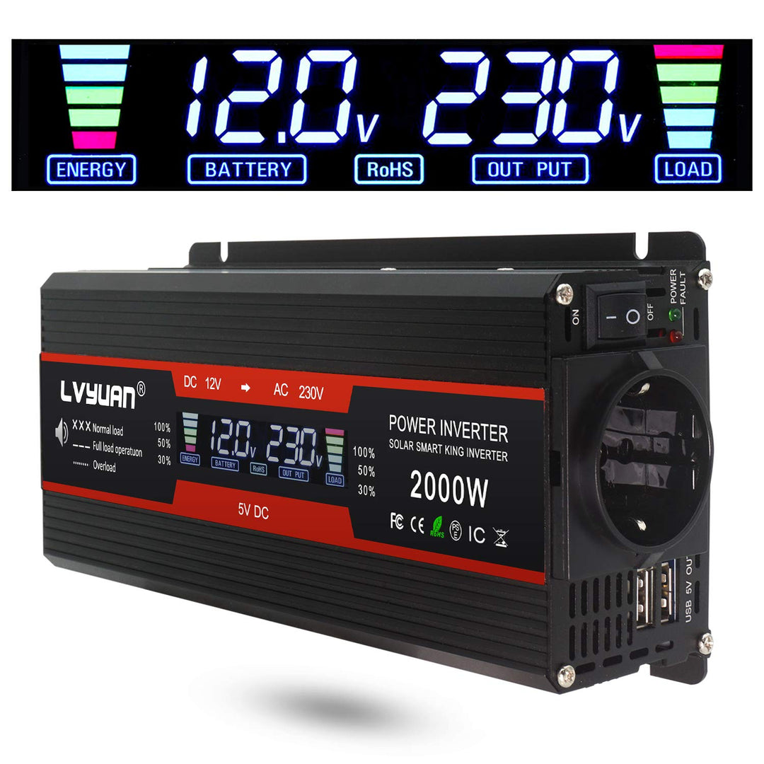 LVYUAN Spannungswandler 12V 230V 1000W / 2000W Wechselrichter LCD mit 2