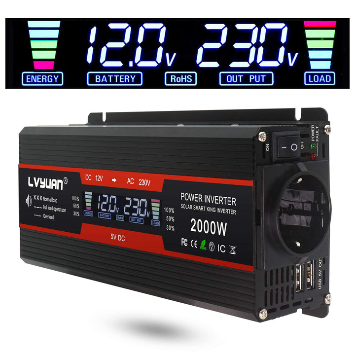 LVYUAN Spannungswandler 12V 230V 1000W / 2000W Wechselrichter LCD mit 2