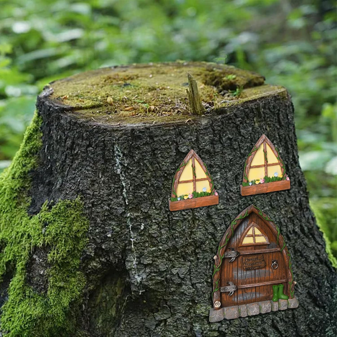 Pumwoy Feentür Wichteltür 1 Wichteltür + 2 Wichtelfenster, Wichteltür Gartendeko Leuchten im Dunkeln