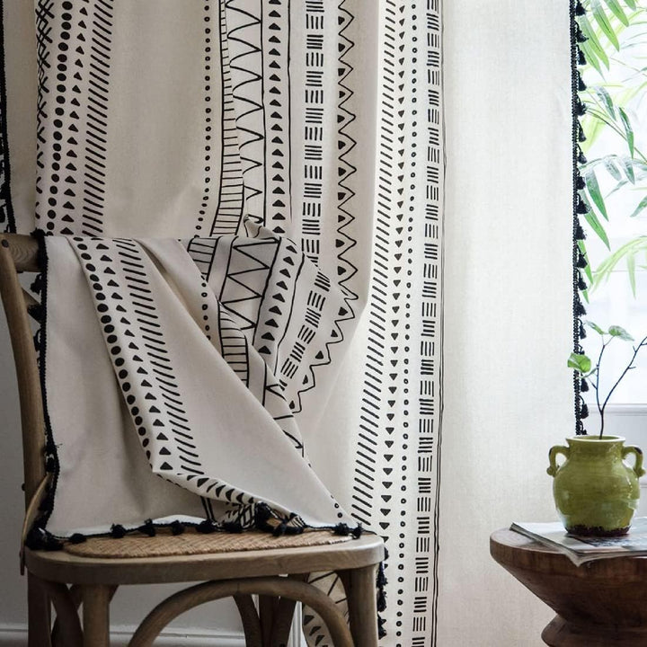 Xlabor Boho Vintage Gardinen mit Quaste Halbverdunkelungsvorhänge mit Ösen Baumwolle Leinen Dekoscha