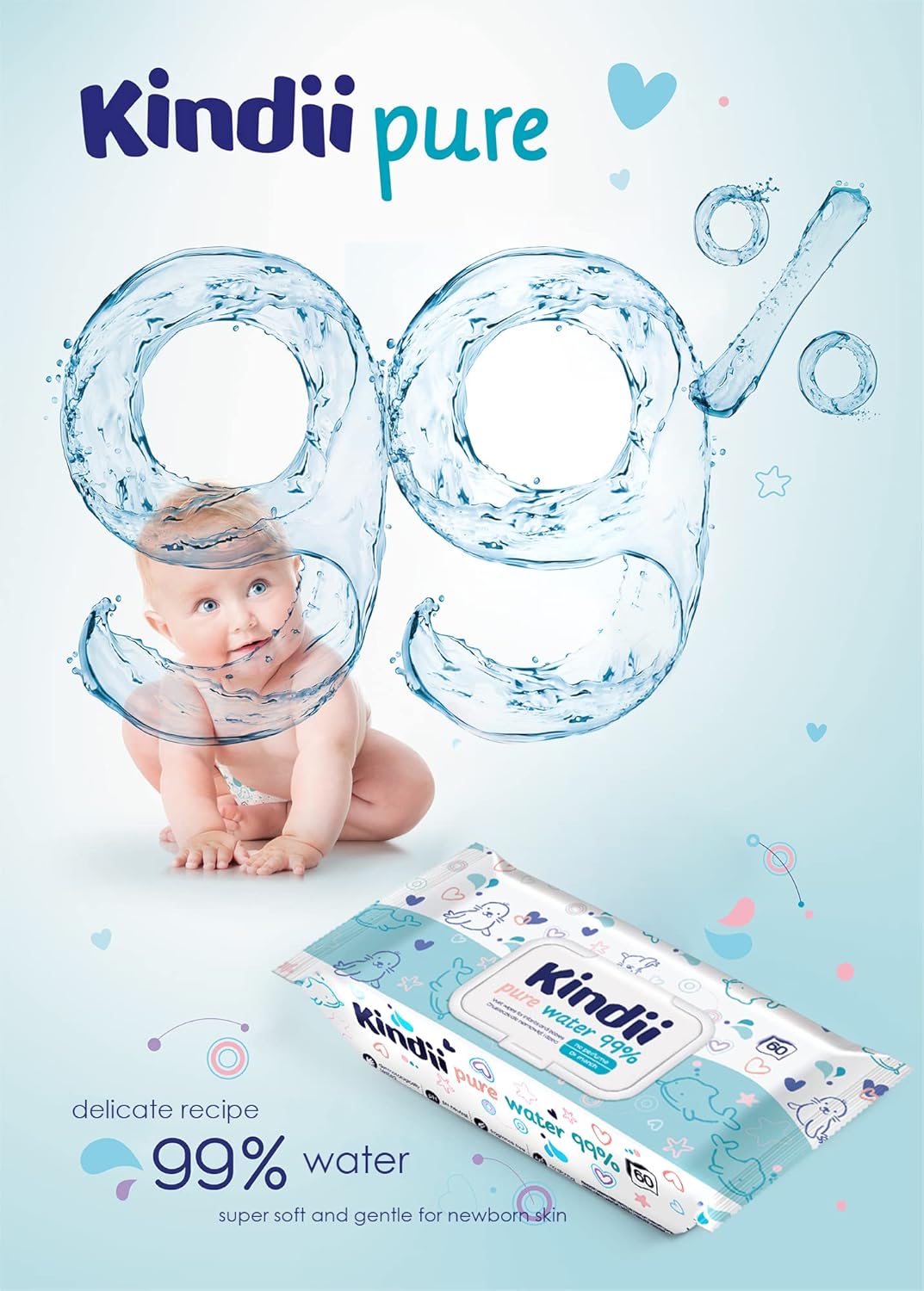 Kindii Feuchttücher Pure Water 99% – (12x60 Stück) Feuchttücher für Babys und Kinder – unparfümiert,