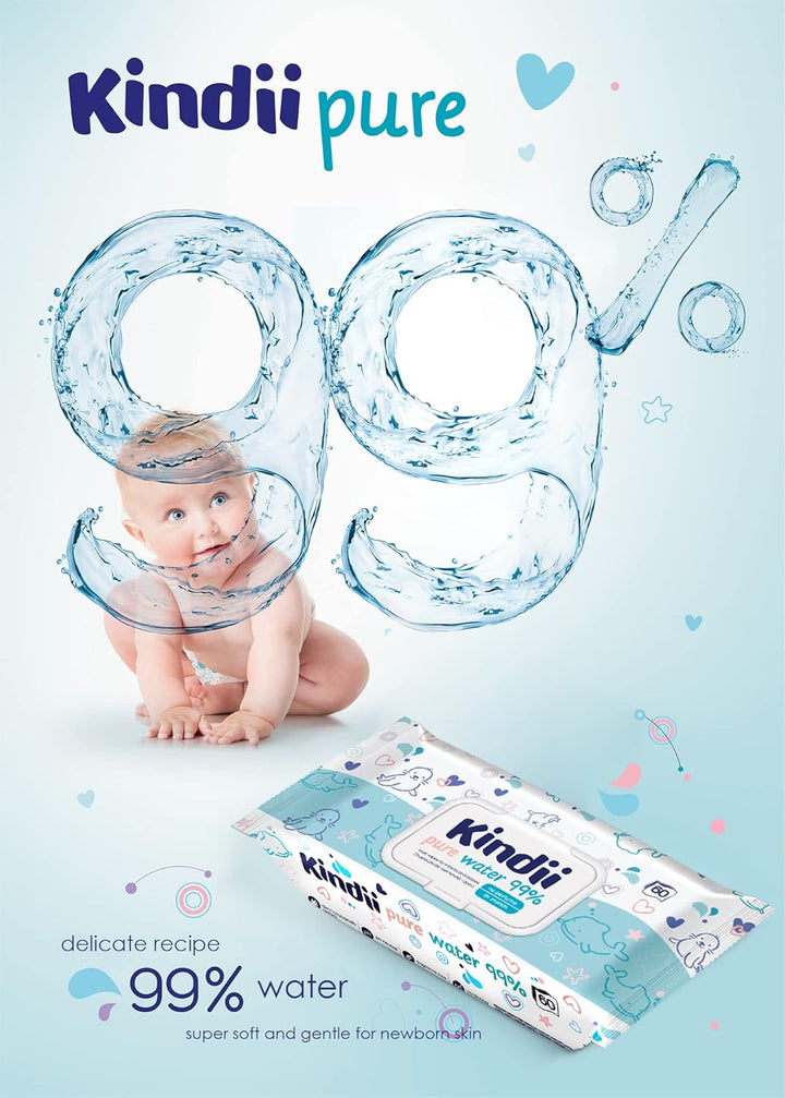 Kindii Feuchttücher Pure Water 99% – (12x60 Stück) Feuchttücher für Babys und Kinder – unparfümiert,