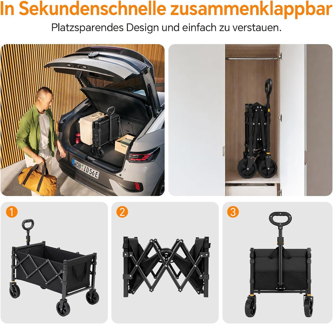 Bollerwagen Faltbar 120L Tragkraft 160KG, 360° Geländeräder, Bollerwagen XL mit 2 Getränkerhaltern,