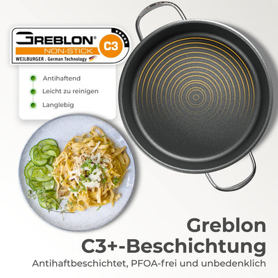 KLAMER Bräter + Servierpfanne 28 cm Set, Schmorpfanne mit Deckel 28cm Induktion, Edelstahl Schmortop