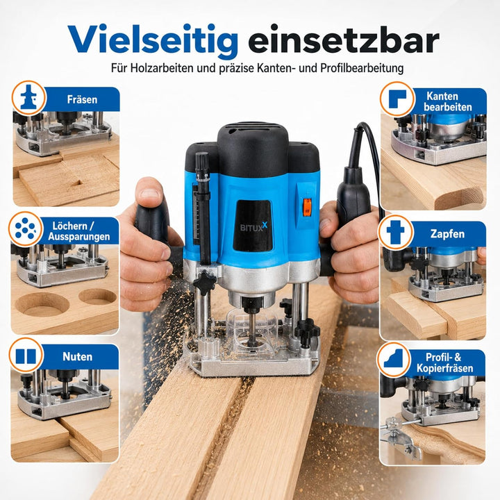 Bituxx 1200W Oberfräse Fräse Kantenfräse Holzfräse Parallelanschlag, Absaugadapter inklusive 12 tlg.