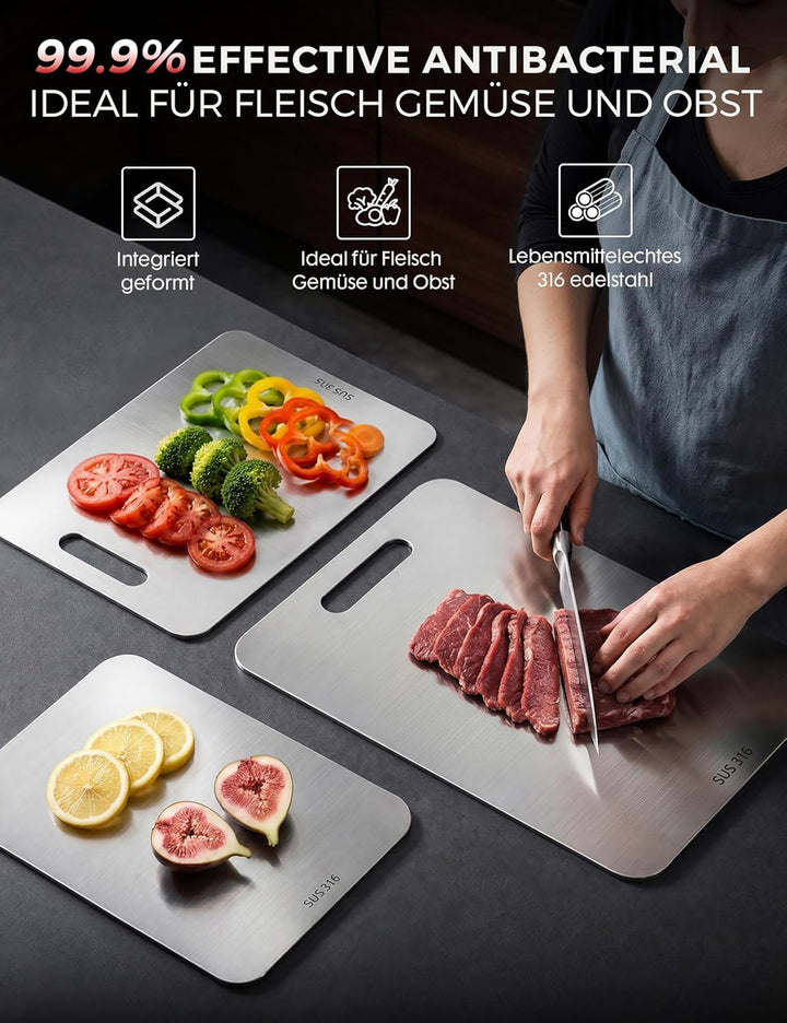 Titan Schneidebrett Set 3 Stück - S316 Edelstahl Schneidebrett, Titanium Cutting Board, Doppelseitig