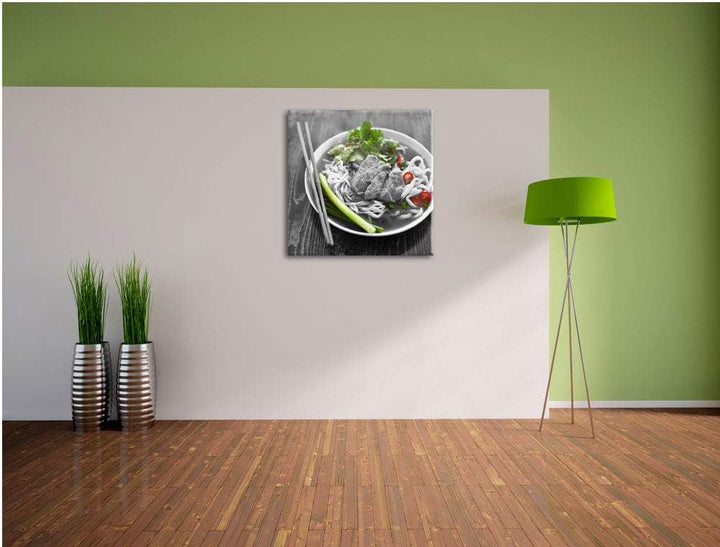 Pixxprint Nudelsuppe mit Fleisch als Leinwandbild/Grösse: 70x70 cm/Wandbild/Kunstdruck/fertig bespan