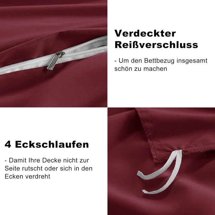 WAVVE Bettwäsche 135x200 4teilig Rot Weinrot - Bettbezüge 135 x 200 2er Set mit Kissenbezüge 80x80 c