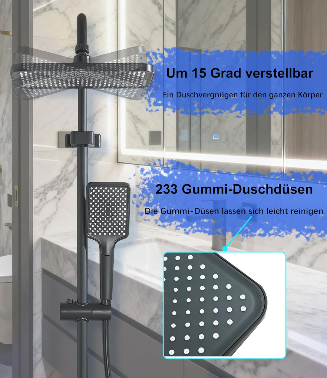 Komplettes schwarzes Duschset, bestehend aus einem Thermostat mit LED-Anzeige, einem 4-in-1-Regendus