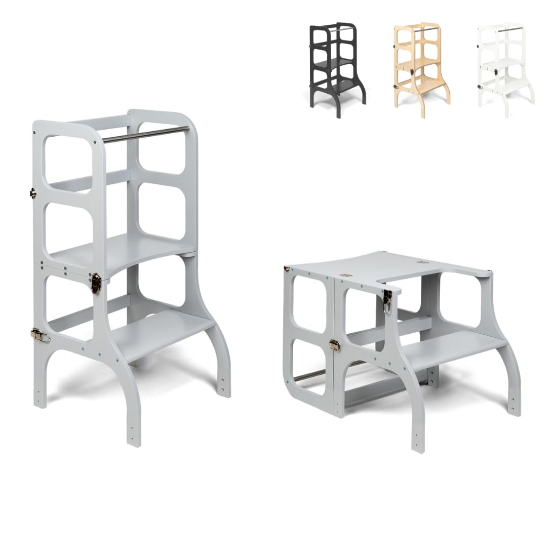 Klappbarer Lernturm mit Sitzfunktion, 45 cm Stehhöhe, Step’n’Sit, Lernturm mit Sitz und Tisch umklap