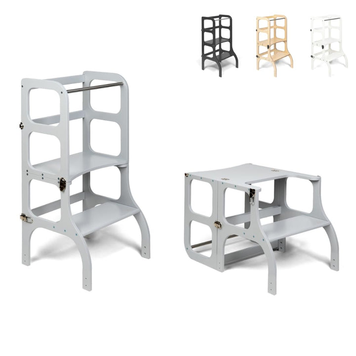 Klappbarer Lernturm mit Sitzfunktion, 45 cm Stehhöhe, Step’n’Sit, Lernturm mit Sitz und Tisch umklap