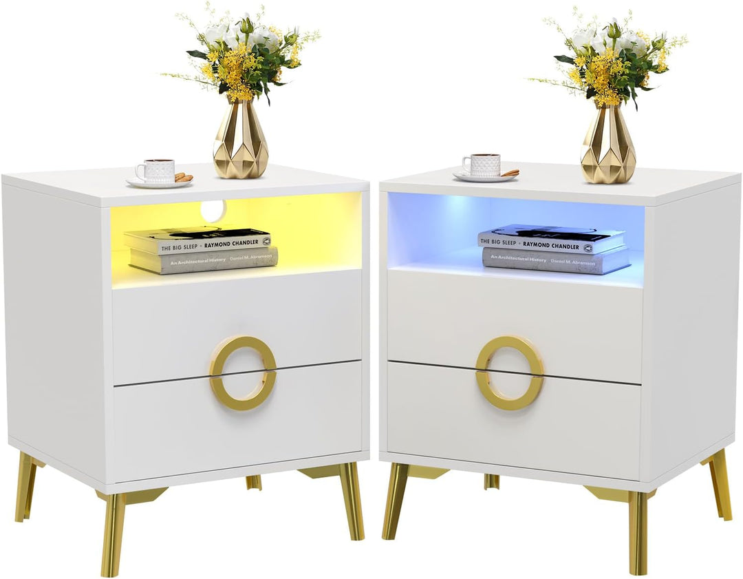 Lvhecforhm 2er Set Nachttisch Weiss, Nachttische Hochglanz Front, Nachttisch mit 2 Schubladen, Nacht