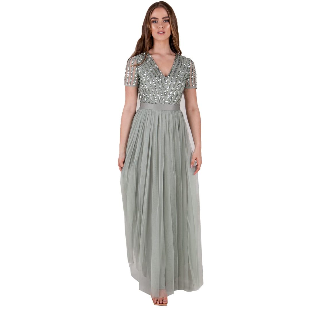 Maya Deluxe Damen Ballkleid Abendkleid V-Ausschnitt Maxi Länge Pailletten Kurze Ärmel für Hochzeit G