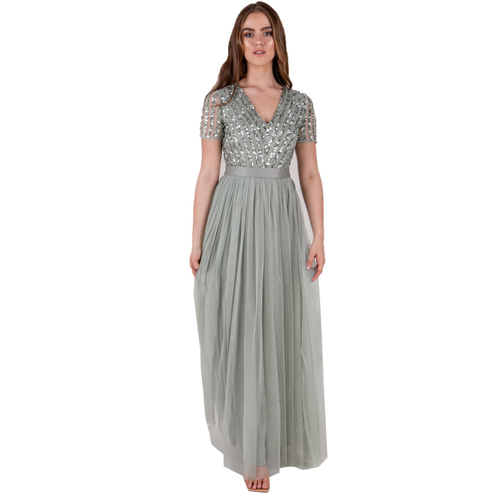 Maya Deluxe Damen Ballkleid Abendkleid V-Ausschnitt Maxi Länge Pailletten Kurze Ärmel für Hochzeit G