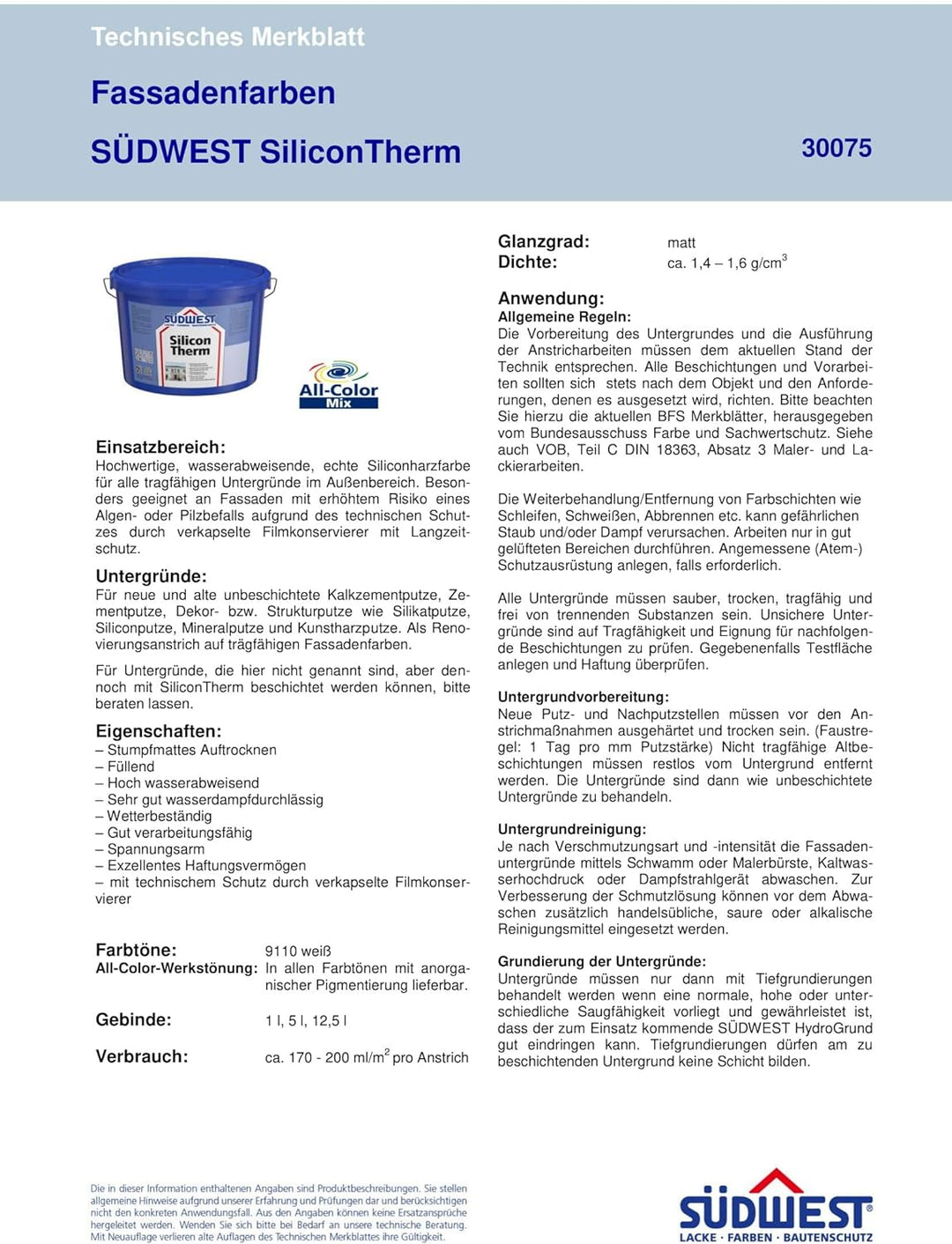 SÜDWEST Silicon Therm 12,5L Silikonharz Fassadenfarbe weiss matt