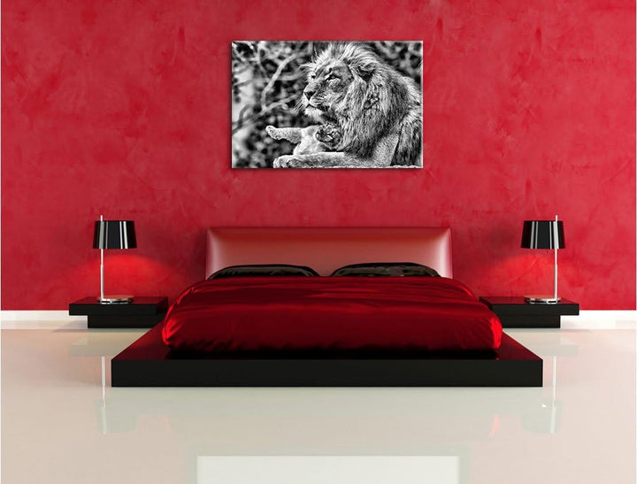 Pixxprint Monocrome, liebevoller Löwe mit Jungtier, Format: 100x70 auf Leinwand, riesige Bilder fert