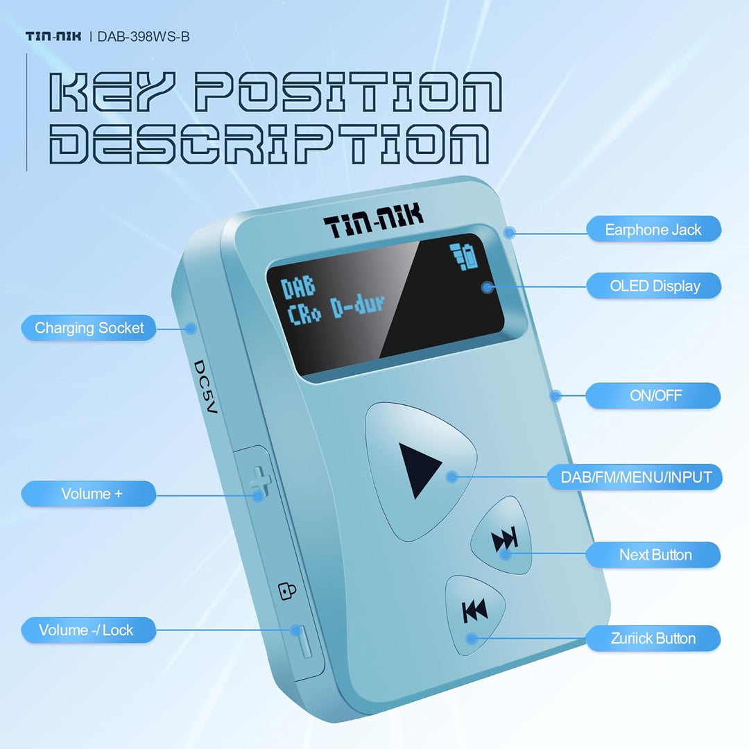 Tin-Nik DAB-398WS-SB Tragbares DAB/DAB+/FM-Radio, Digitales RDS-FM-Mini-Taschenradio mit wiederaufla