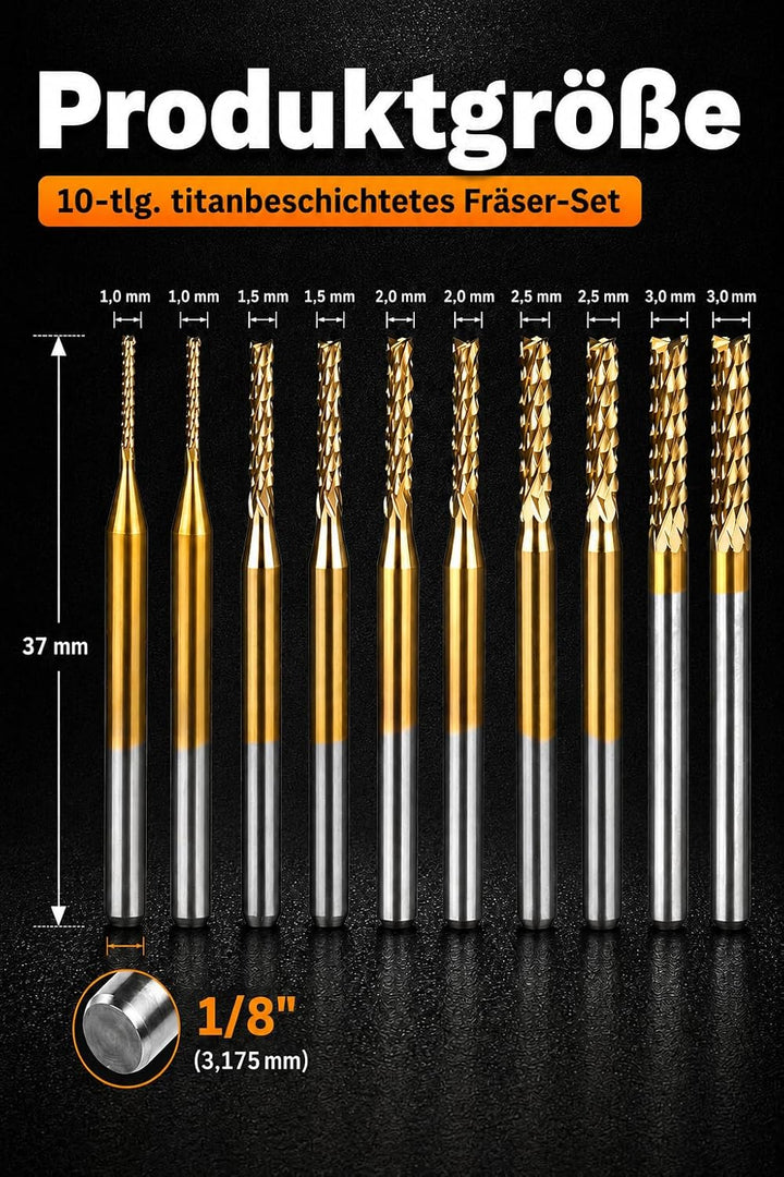 VOBOR 10 Stücke Schaftfräser 1,0-3,0mm, Titan Beschichtete Hartmetall CNC Fräser, 1.0mm, 1.5mm, 2.0m