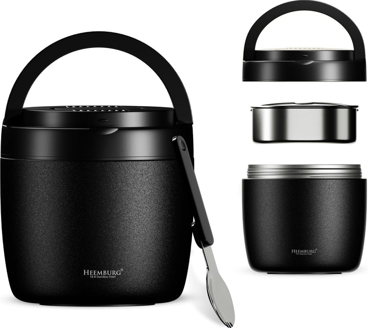 HEEMBURG Thermobehälter für Essen, Henkelmann 1L, Edelstahl, Doppelwand isoliert, Lunchbox Warmhalte