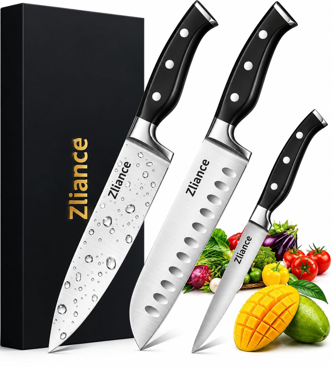 Messerset 3-teilig, japanischer High-Carbon Edelstahl, Ultra-Scharf, 20cm Kochmesser, 18cm Santoku,