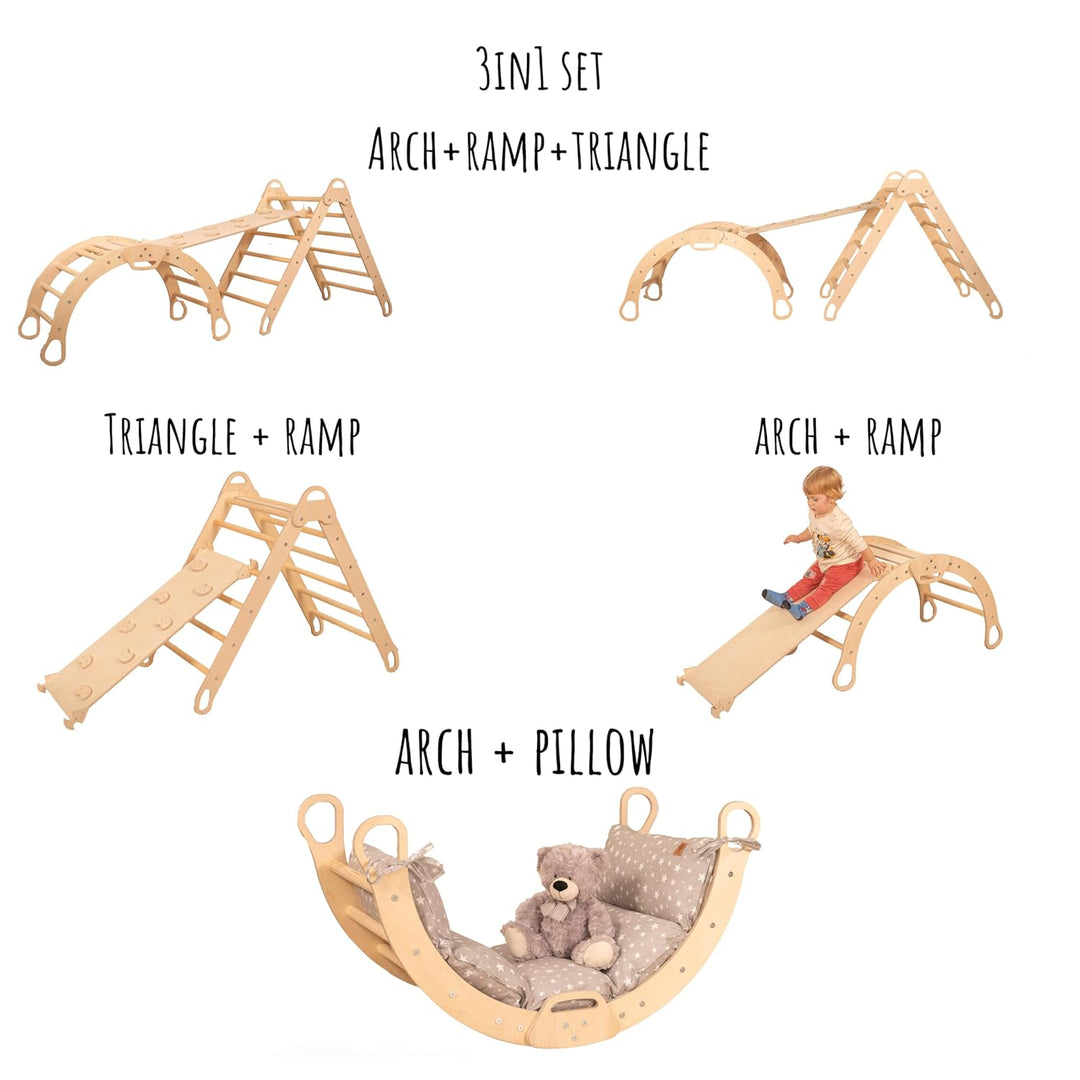 WoodsCraft 4in1 Set: Grosse Kletterbogen mit Kissen & Kletterdreieck mit 2in1: Rutsche Indoor/Klette