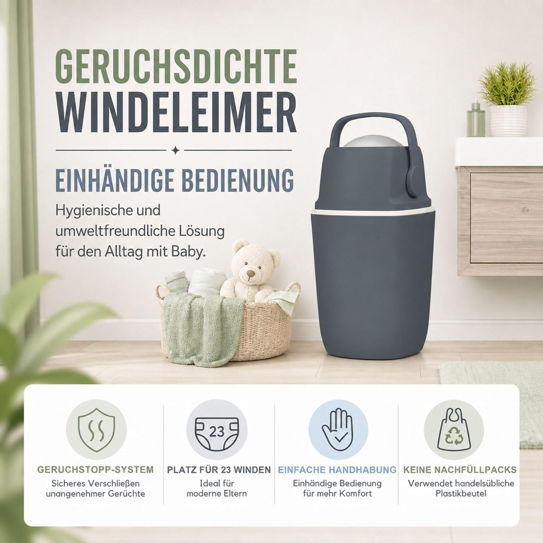 AirWell Windeleimer Geruchsdicht & Windel Blaubaer - Wickeleimer, mit Geruchsstopp-System, Einhändig